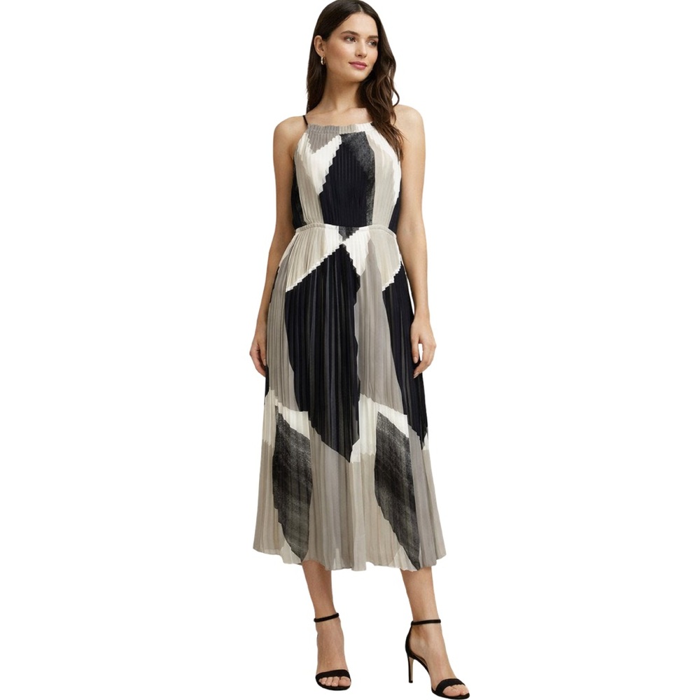 Banana Republic Black Gray Colorblock Print Pleated Sleeveless Midi Dress Size 2